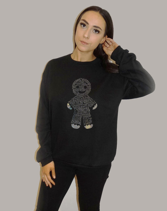 Black Christmas Sweater With Gingerbread Man Festive Font Print