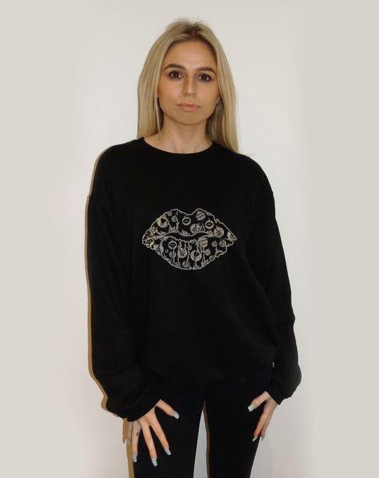 Black Christmas Jumper with Gold Bauble Kiss Print