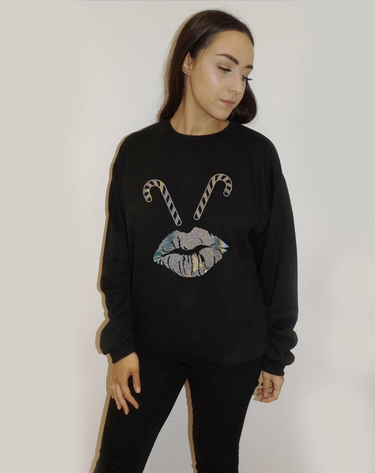 Black Christmas Jumper With Sparkle Candy Cane Lip Print