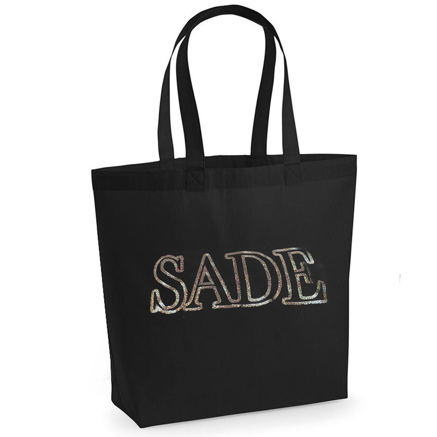 Personalised Name Holographic Silver Print Tote Bag In Black