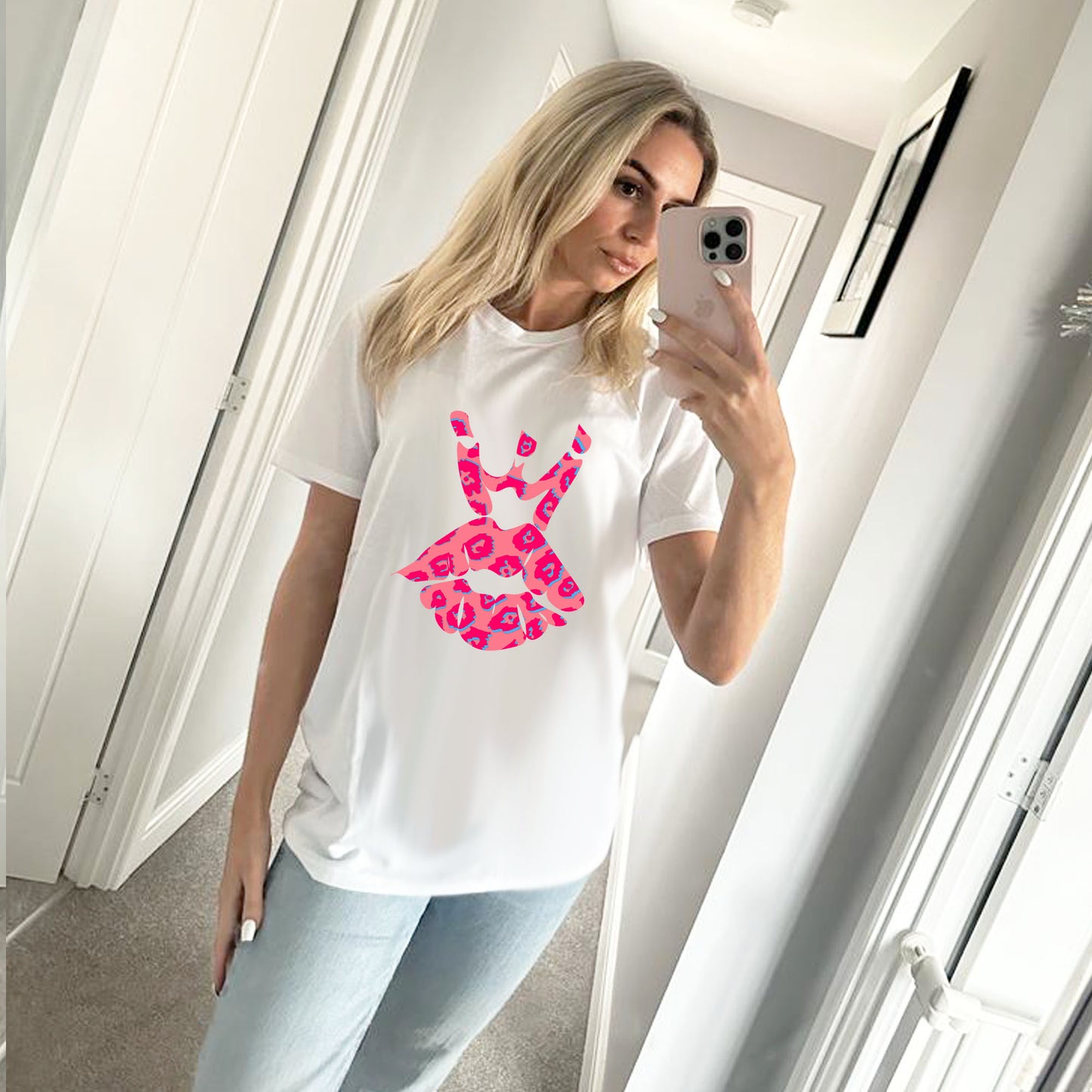 White Tshirt With Pink and Blue Leopard Royal Kiss Print