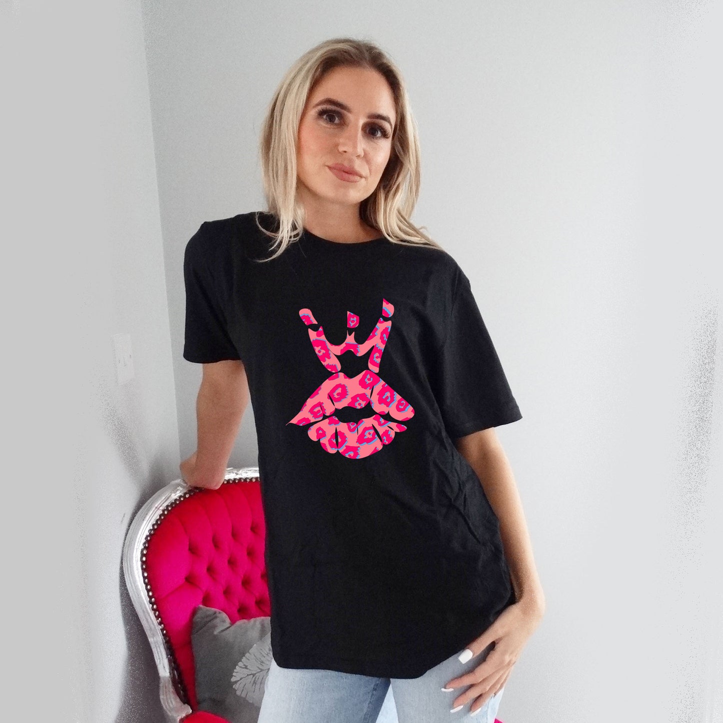 Black Tshirt With Pink and Blue Leopard Royal Kiss Print
