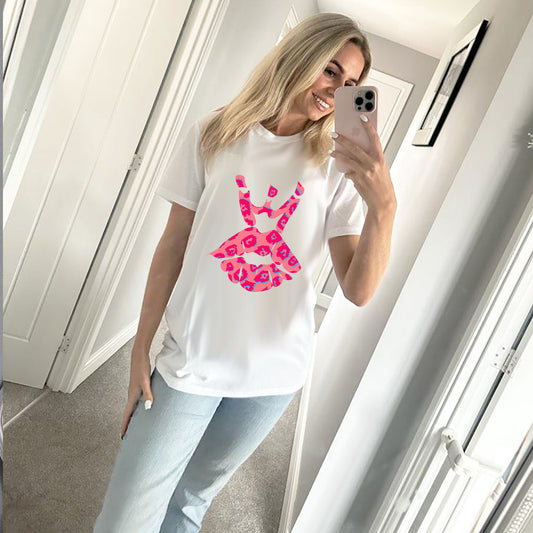 White Tshirt With Pink and Blue Leopard Royal Kiss Print