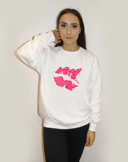 White Oversized Sweatshirt With Pink Animal Print Kiss Smudge Motif