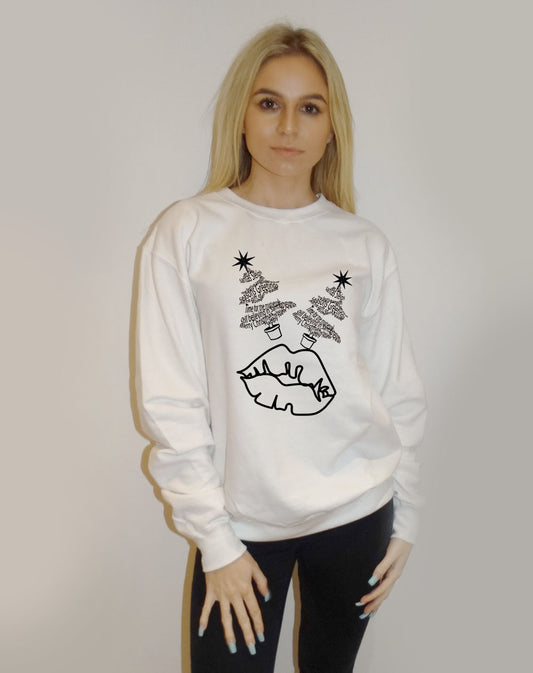 White Sweater With Black Outline Festive Christmas Tree Font Lip Print