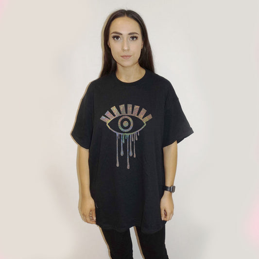 Black Oversize Tshirt With Gold Iridescent All Seeing Eye Drip Print