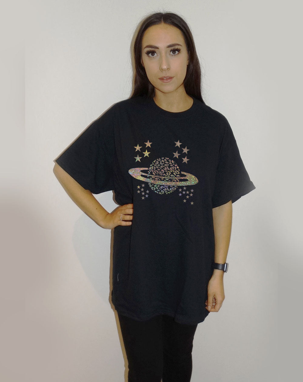 Black Tee With Silver Celestial Glitter Print