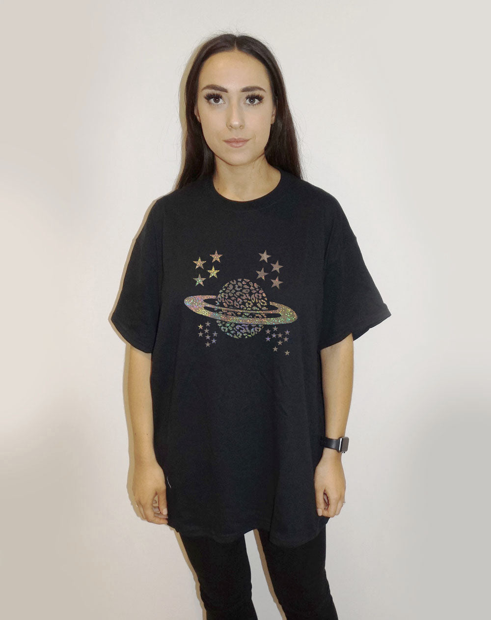 Black Tee With Silver Celestial Glitter Print