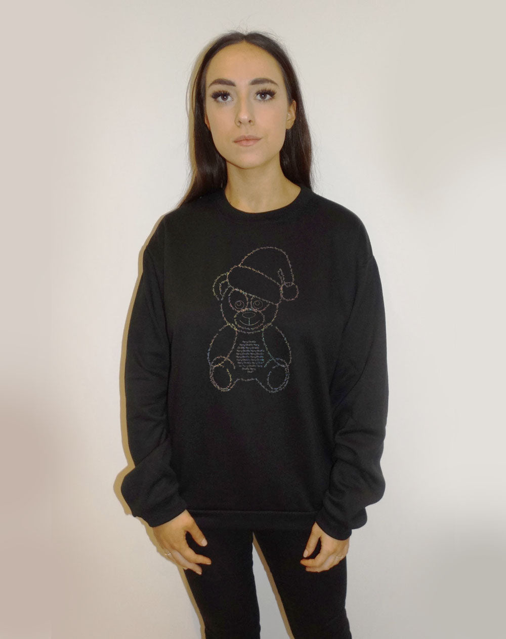 Black Christmas Jumper With  Festive Font Teddy Claus