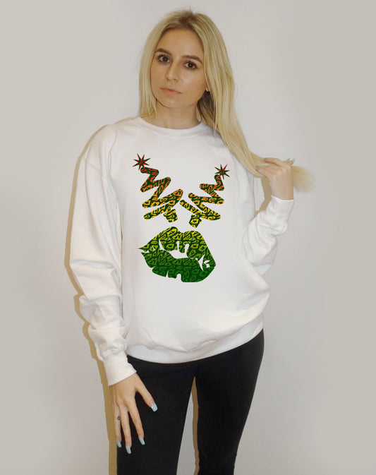 White Sweater With Black Festive Christmas Tree Font Lip Print
