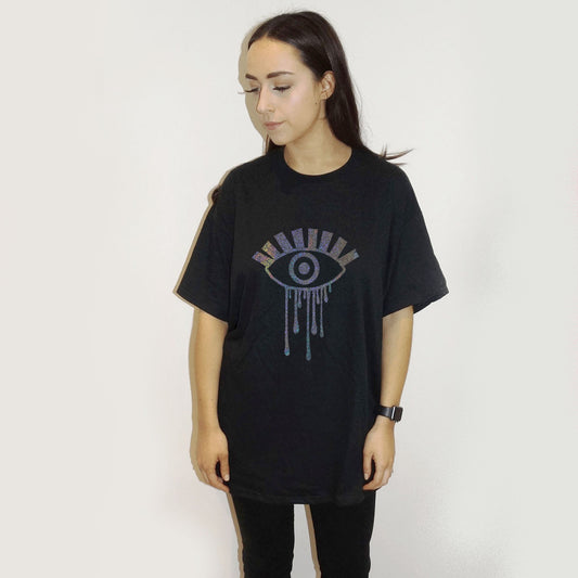 Black Oversize Tshirt With Silver Iridescent All Seeing Eye Drip Print