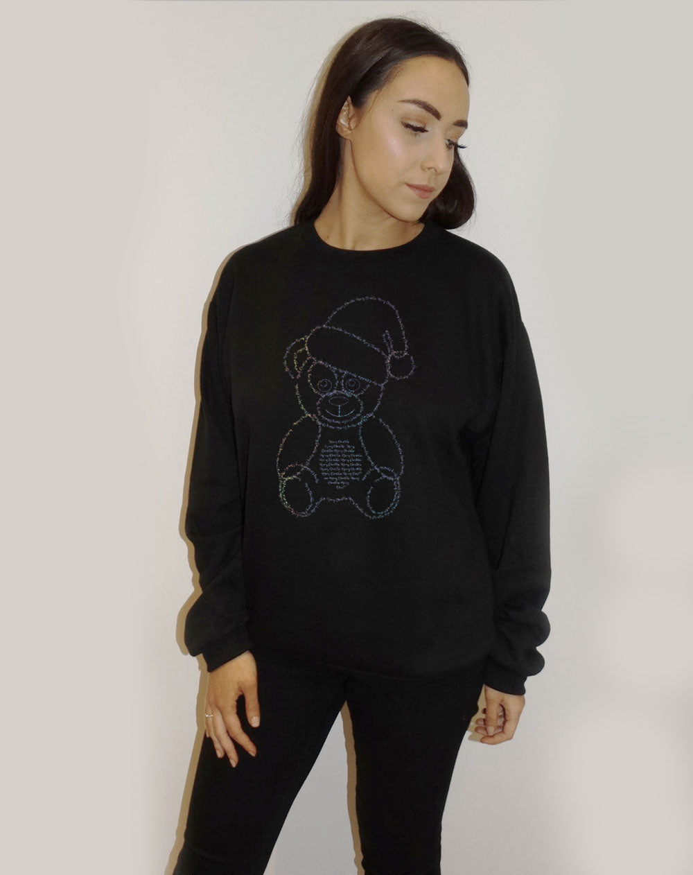 Black Christmas Jumper With  Festive Font Teddy Claus