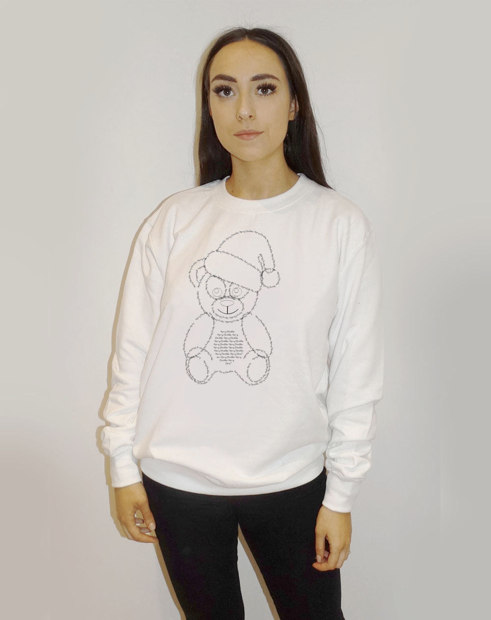 White Christmas Jumper With Black Festive Font Teddy Claus Print