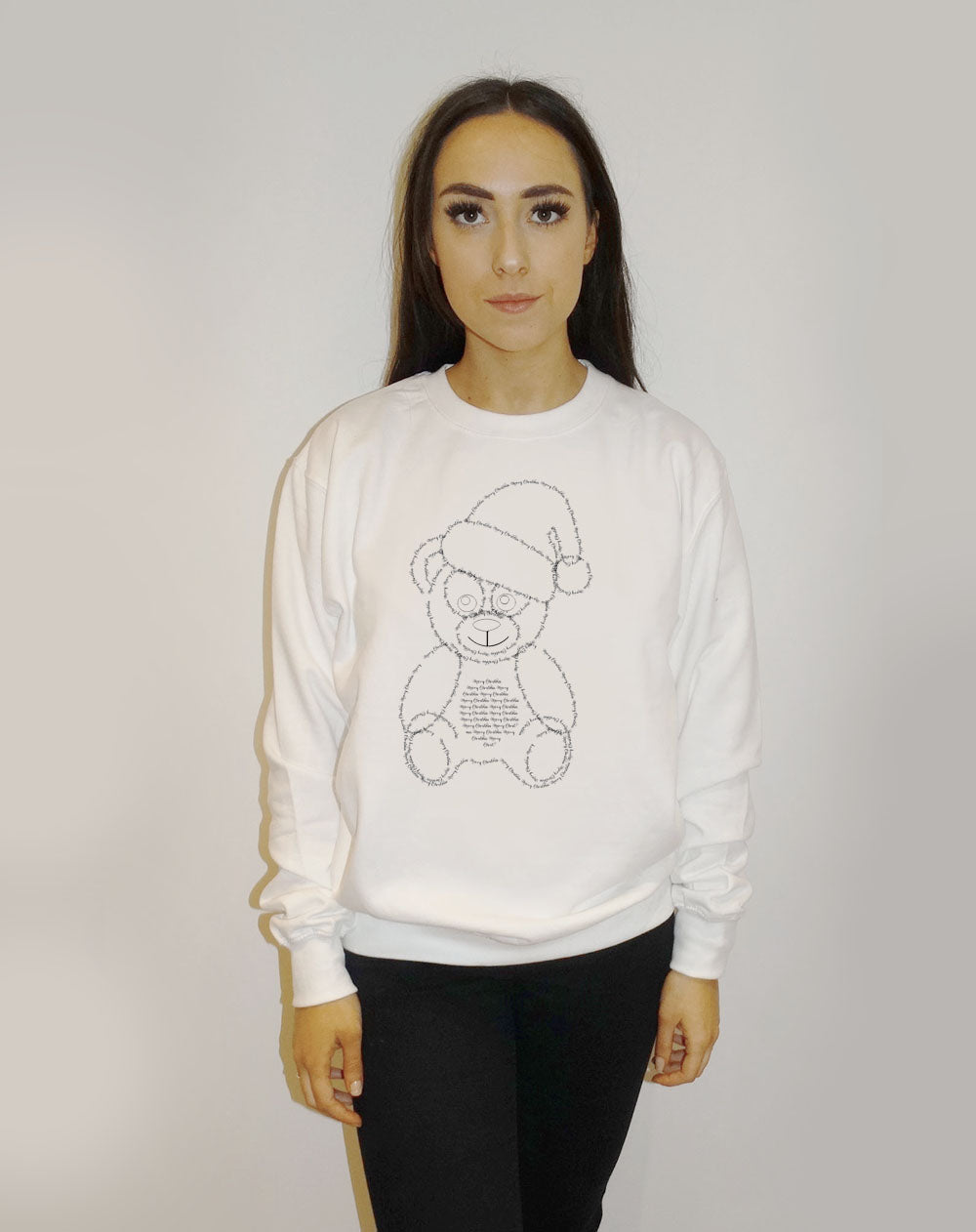 White Christmas Jumper With Black Festive Font Teddy Claus Print