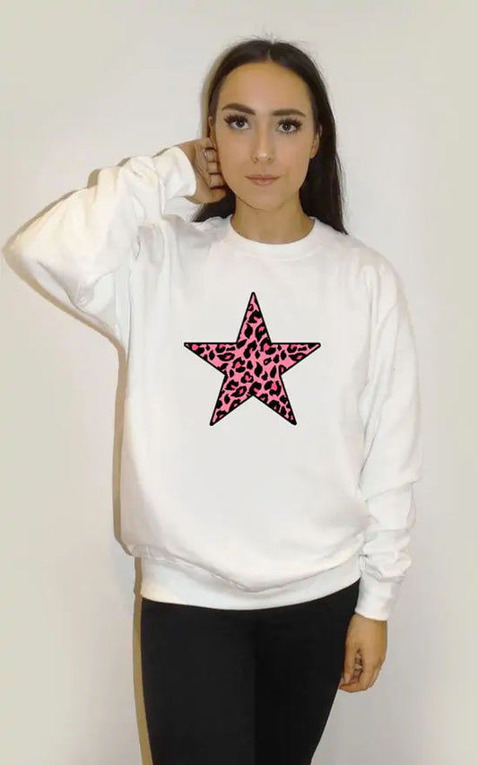Pink Leopard Star Print Oversized Jumper In White