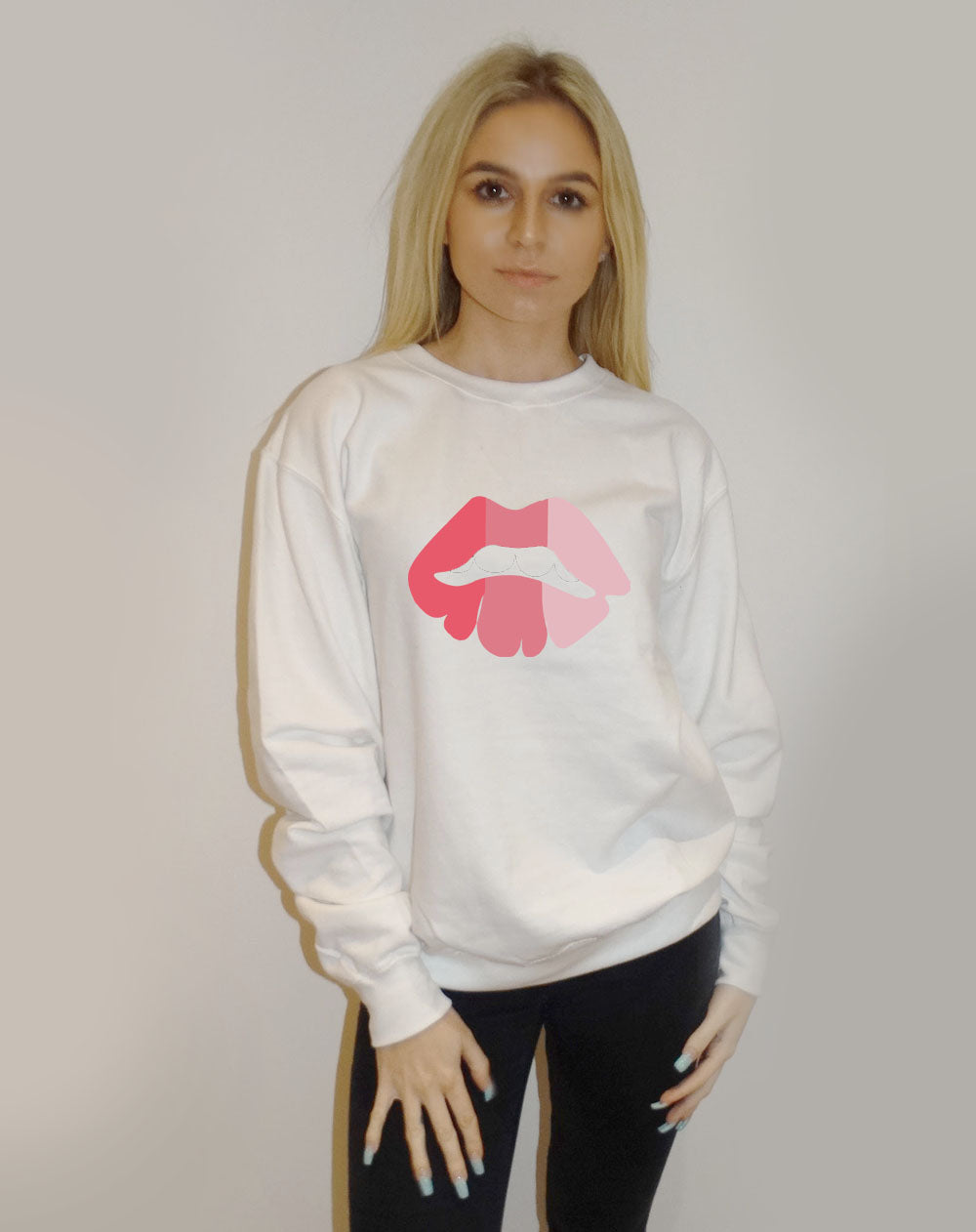 White Jumper With Pink Stripe Lip Print