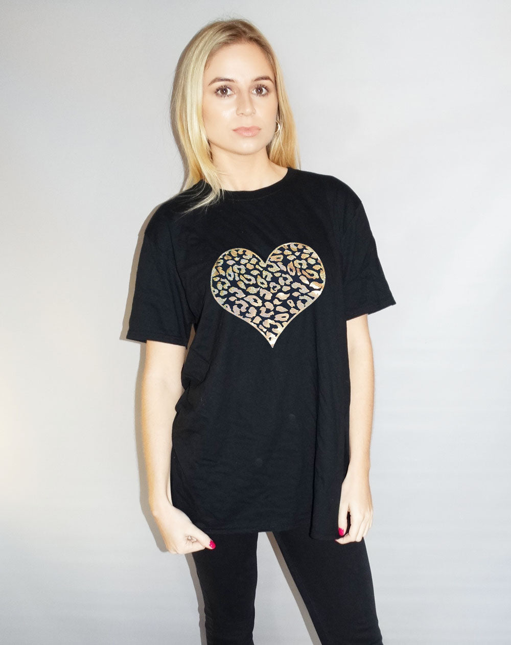 Black Tshirt with Leopard Heart in Gold Holographic
