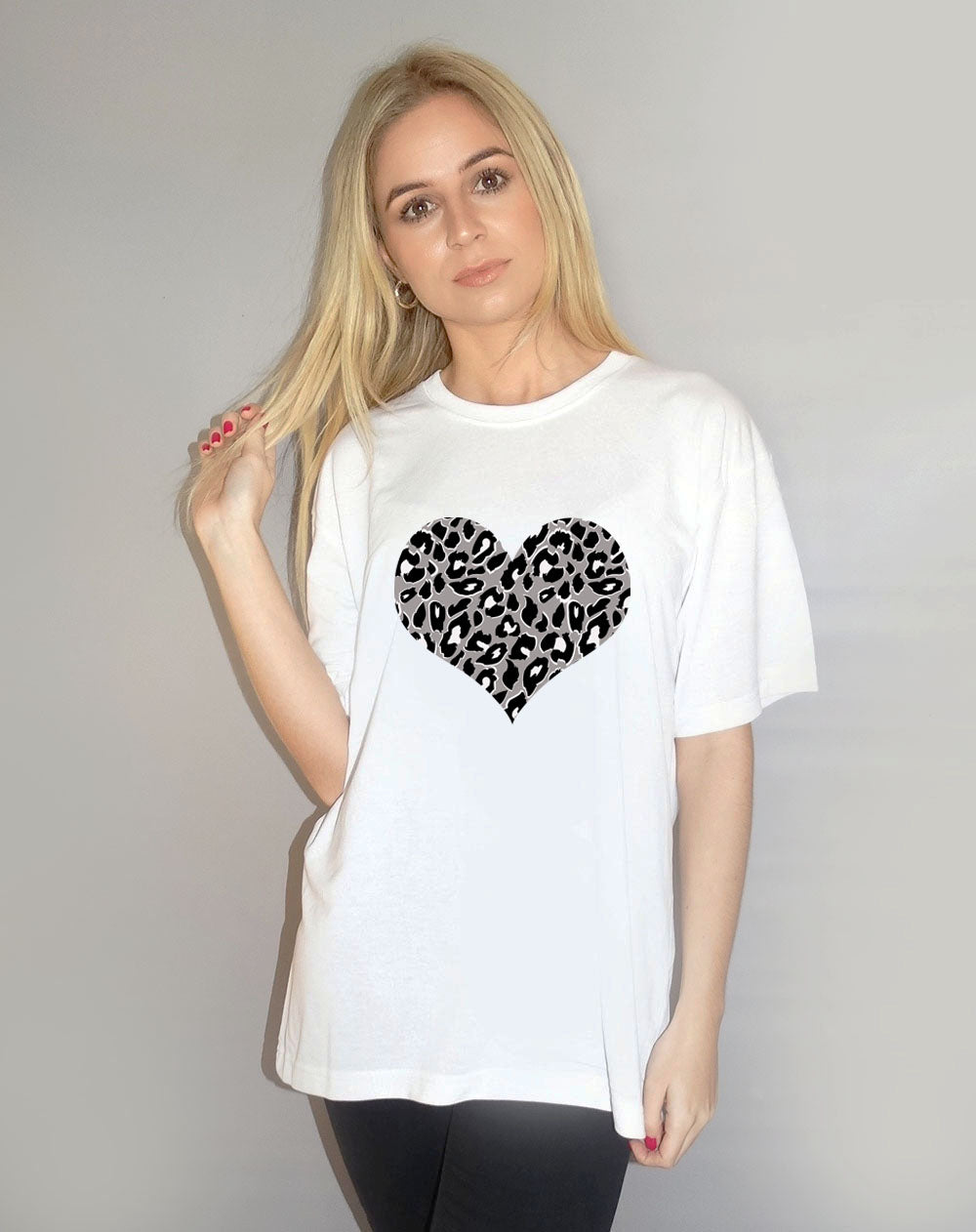 Grey Leopard Heart Print Tshirt In White