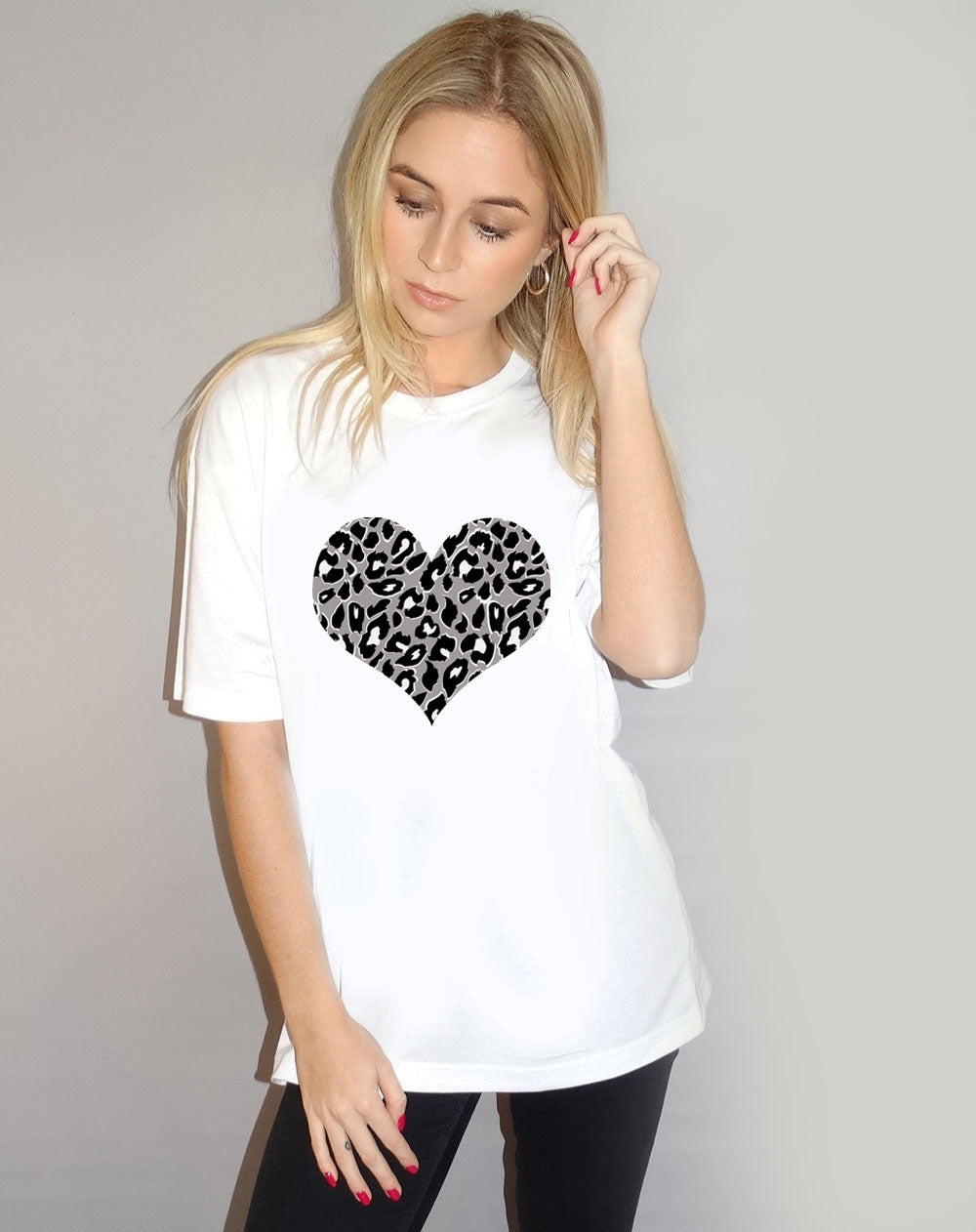 Grey Leopard Heart Print Tshirt In White