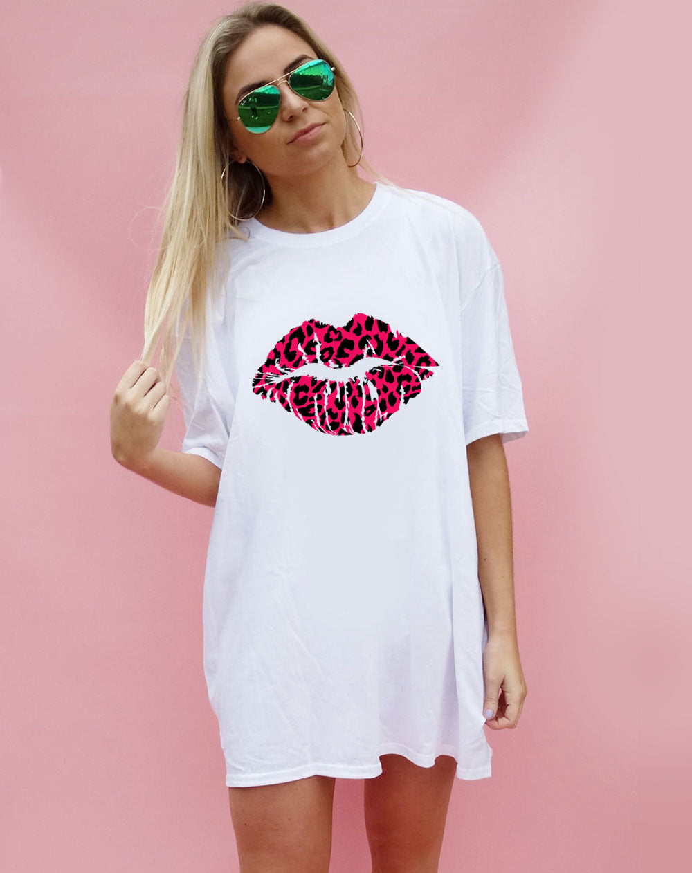 Hot Pink and Black Leopard Lip Motif Tshirt Top In White