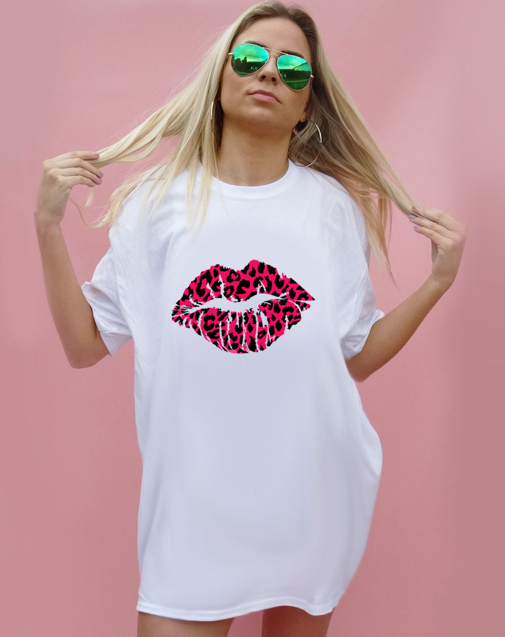 Hot Pink and Black Leopard Lip Motif Tshirt Top In White