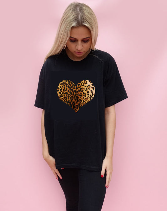Leopard Print Heart Tshirt Top  In Black