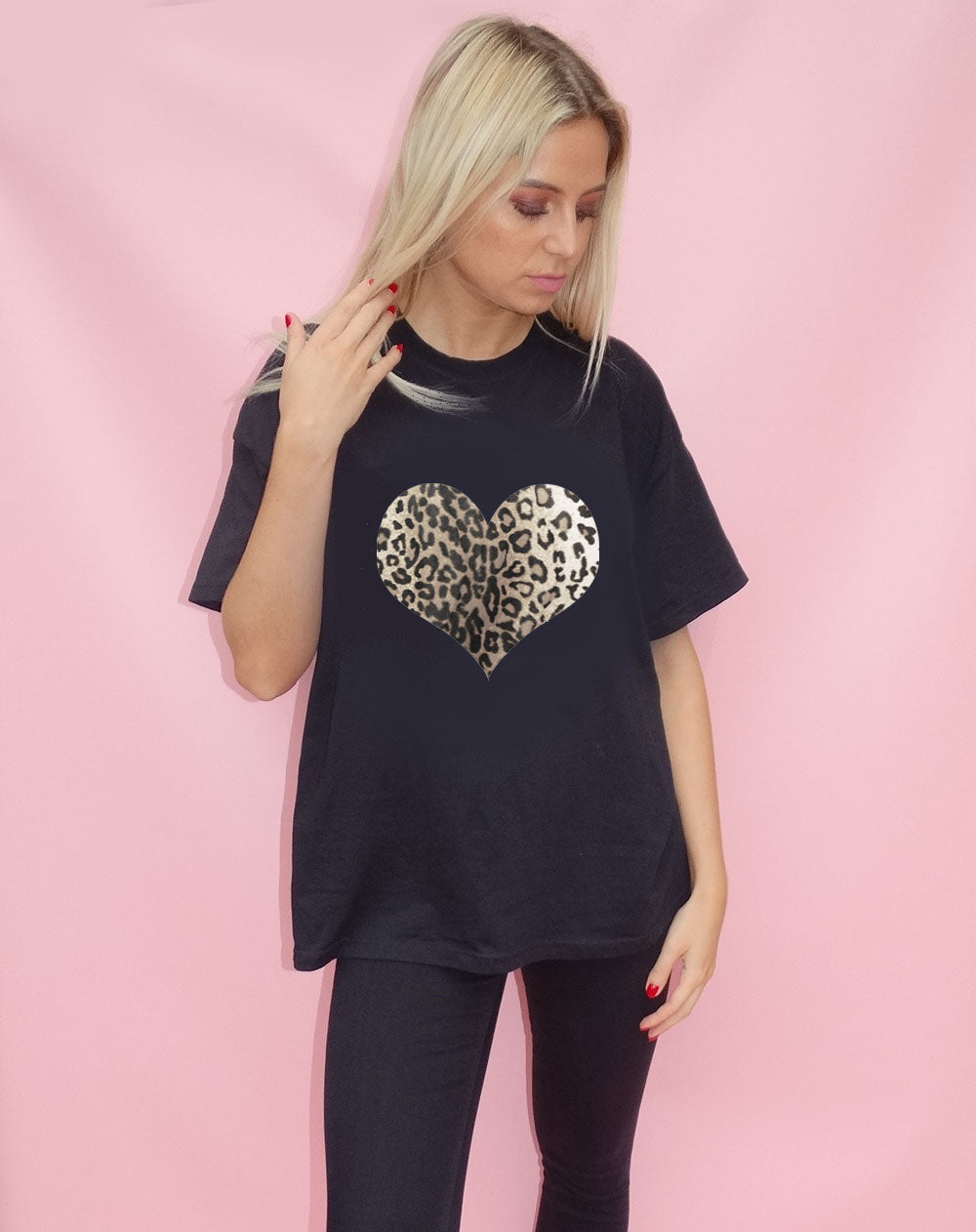Monochrome Leopard Print Heart Tshirt  In Black