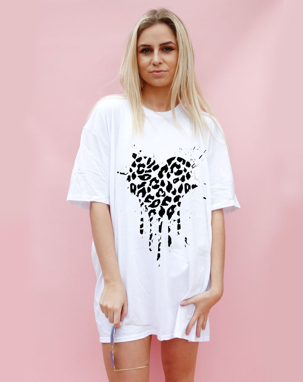 Monochrome Leopard Print Heart Drip Splatter Oversize Tshirt Dress