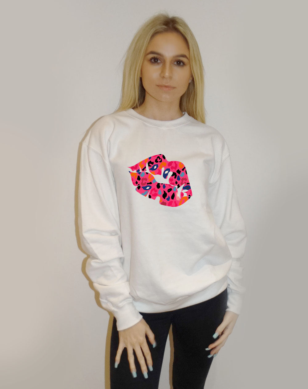 White Sweatshirt With Pink Multi Colour Lip Print