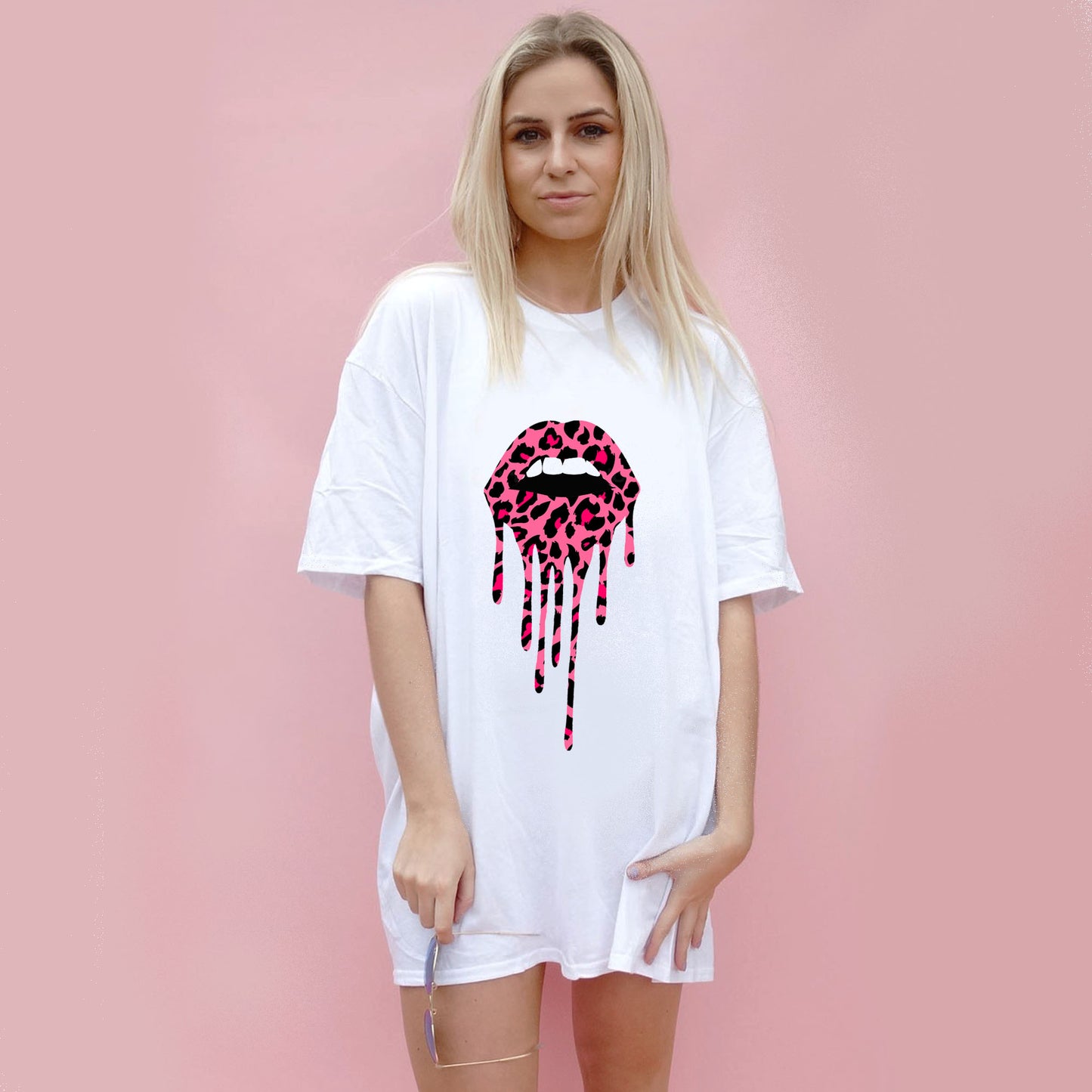 Pink and Rose Leopard Print Drip Lip Oversize Tshirt