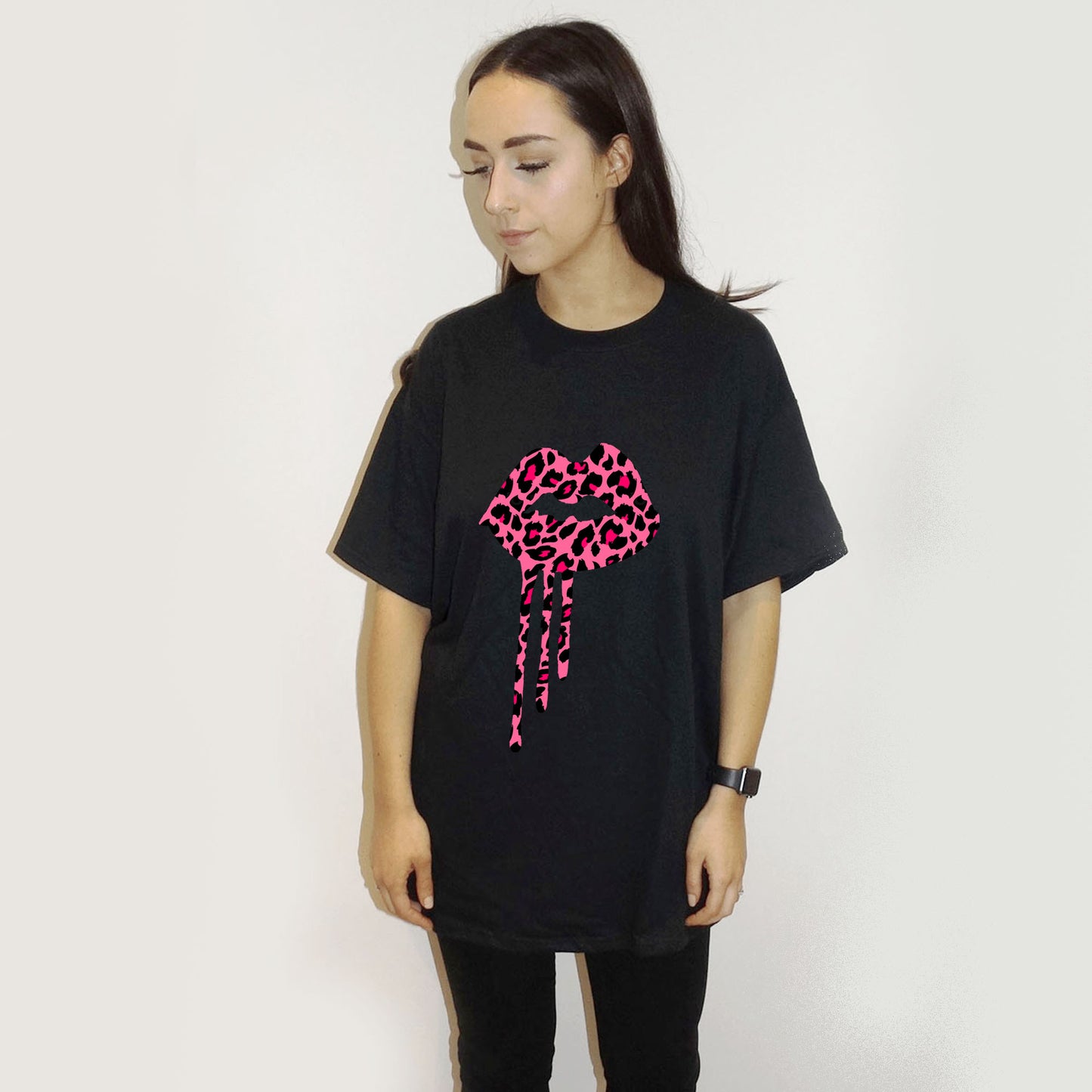 Pink and Rose Leopard Lip Drips Tshirt In Black