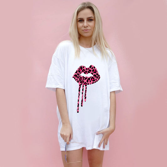 Pink and Rose Leopard Lip Drips Print Tshirt In White