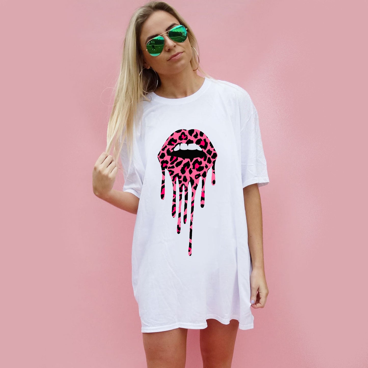 Pink and Rose Leopard Print Drip Lip Oversize Tshirt