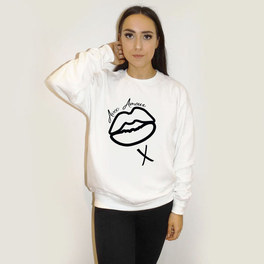With Love Lip Print Oversize Jumper In White