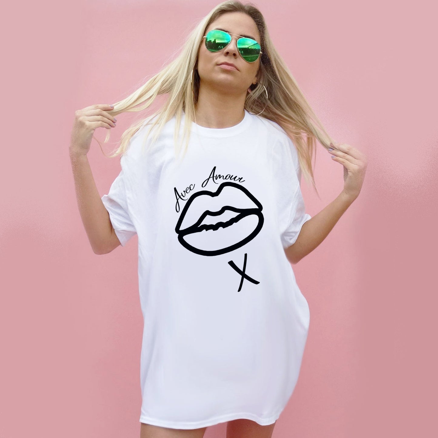 With Love Lip Print Oversize Tshirt Dress In White