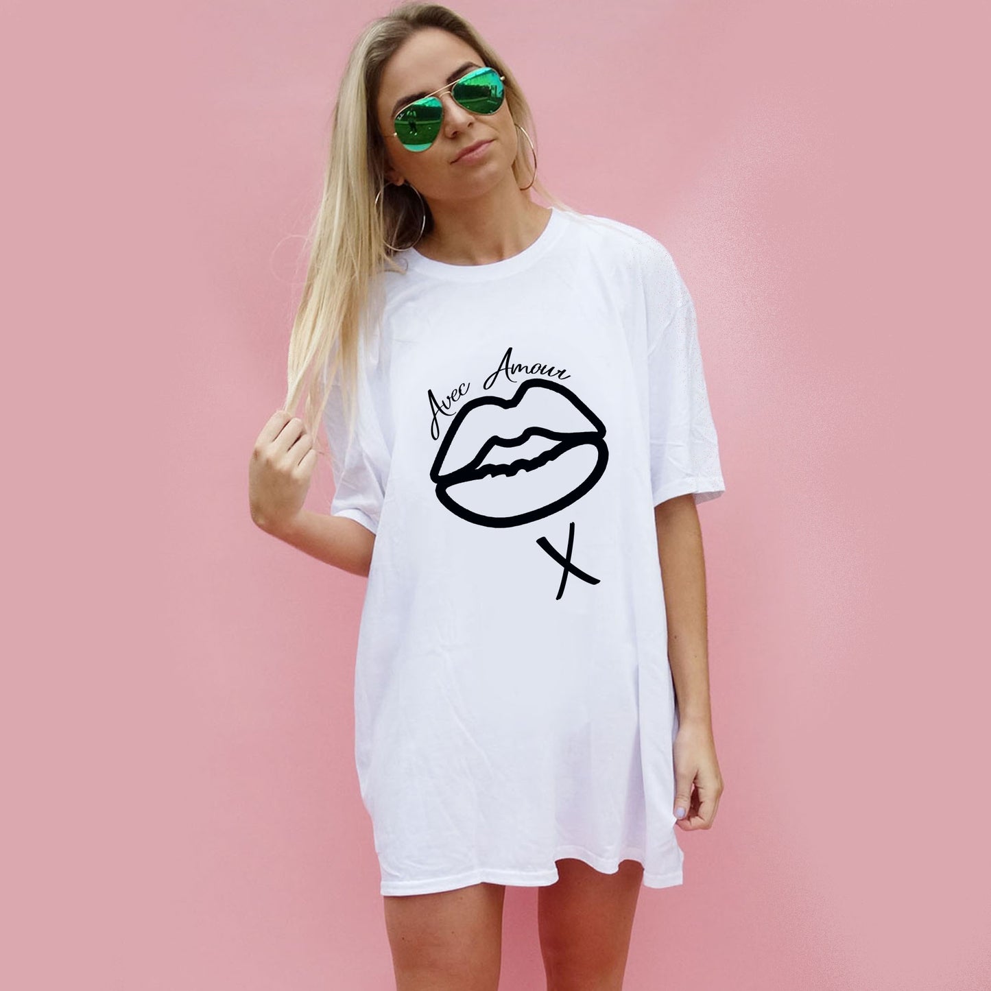 With Love Lip Print Oversize Tshirt Dress In White
