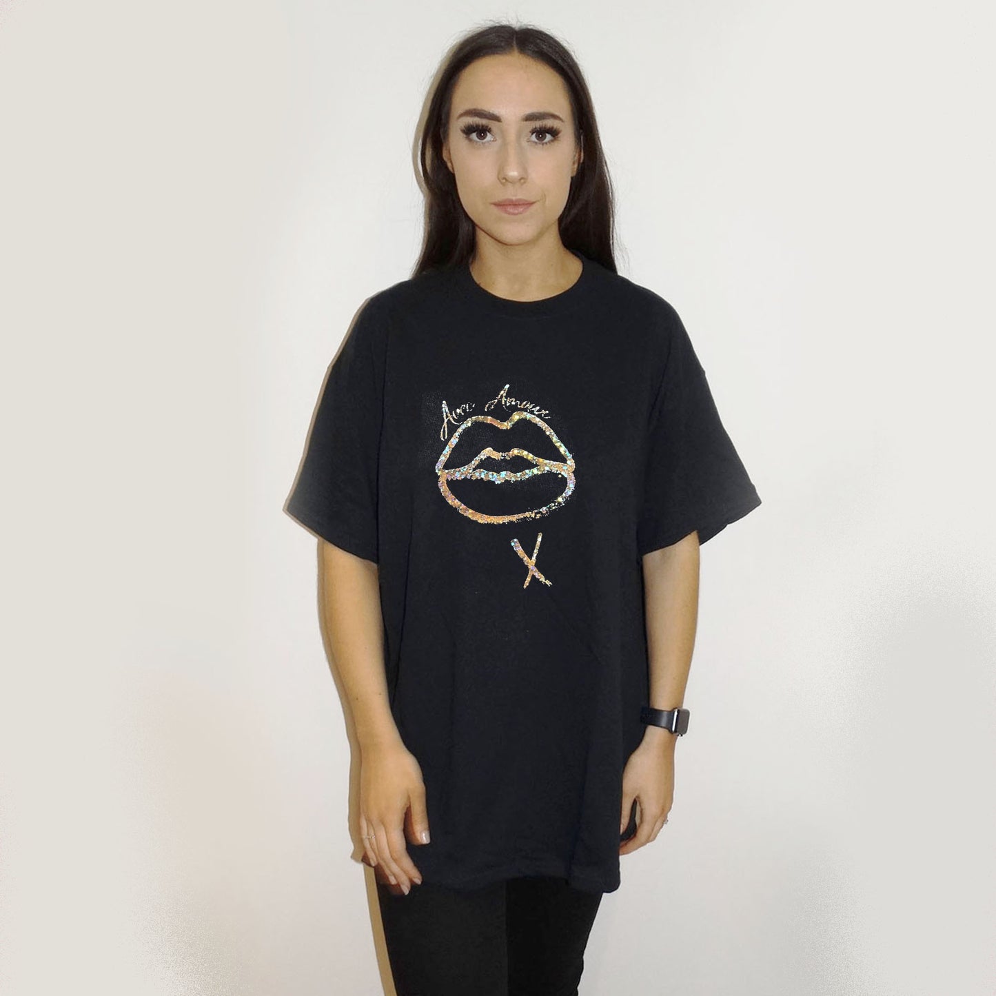 With Love Gold Holographic Lip Print Tshirt In Black