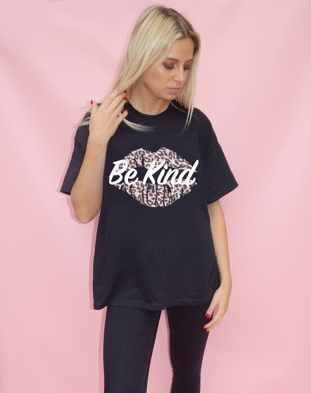 Black Tshirt with Be Kind Pink Leopard Kiss