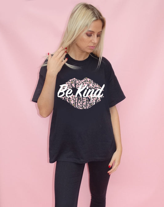 Black Tshirt with Be Kind Pink Leopard Kiss