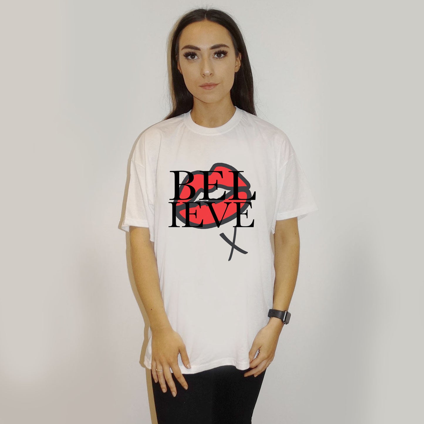 Believe Red Lip Kiss Tshirt In White