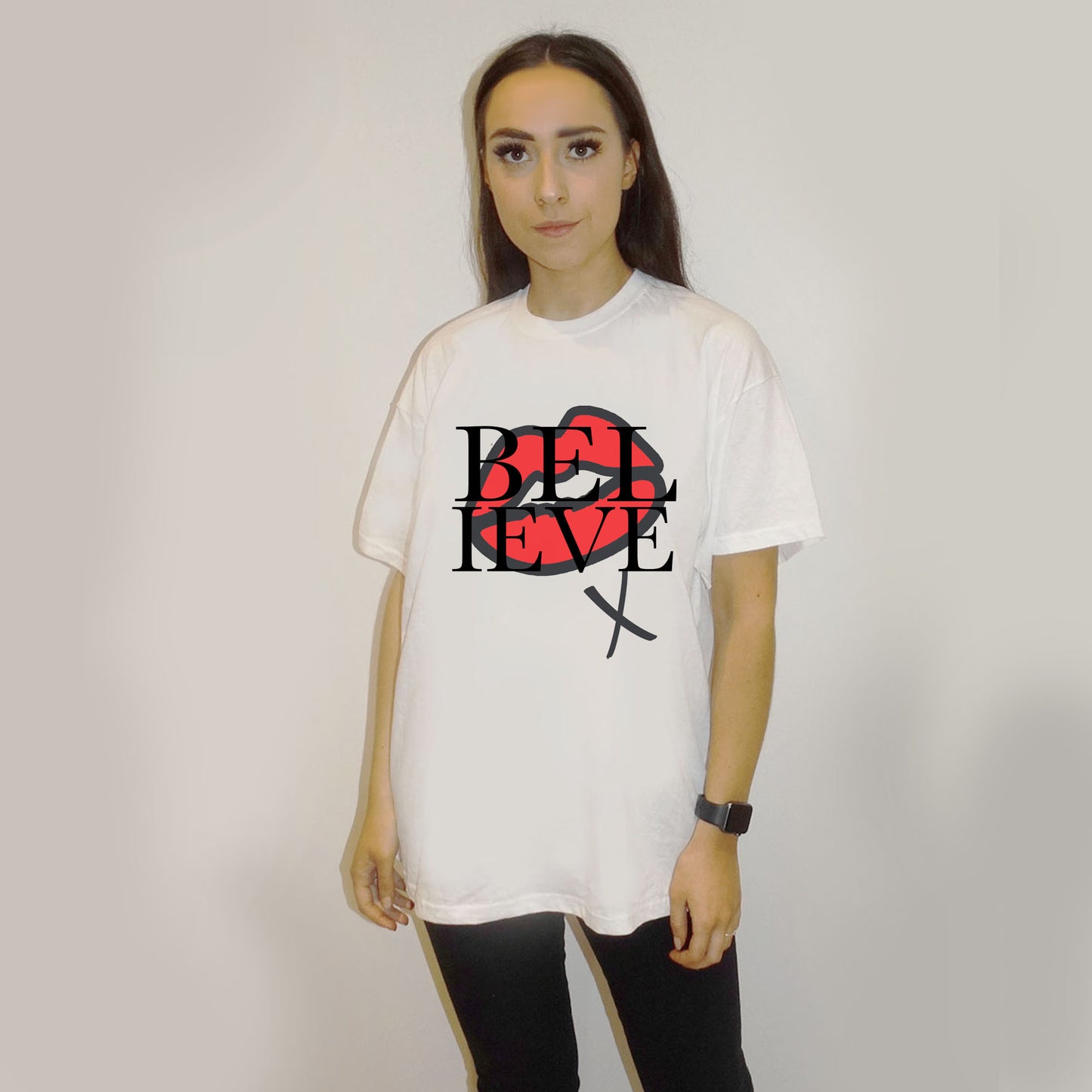 Believe Red Lip Kiss Tshirt In White