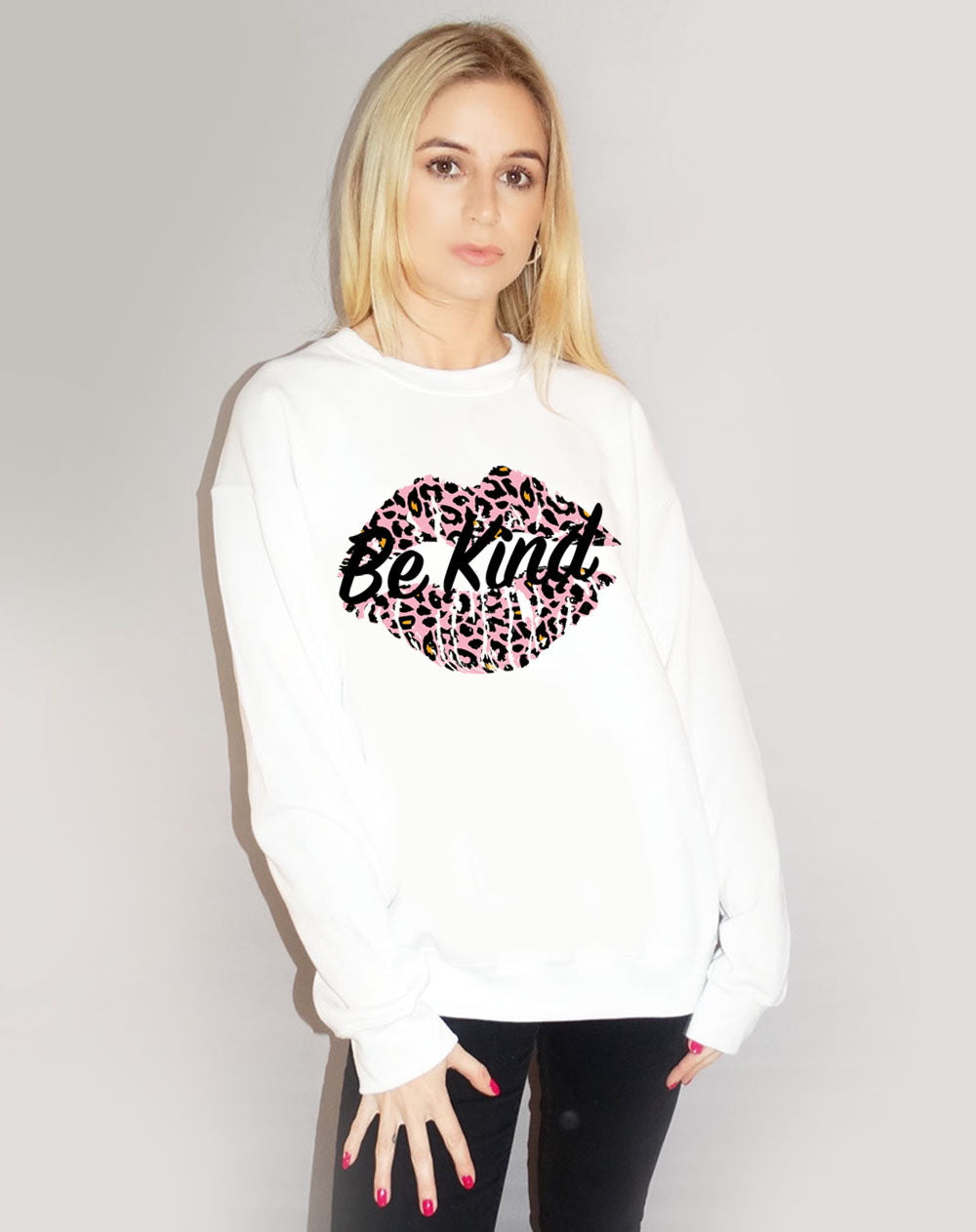 Be Kind Pink Leopard Slogan In White Jumper