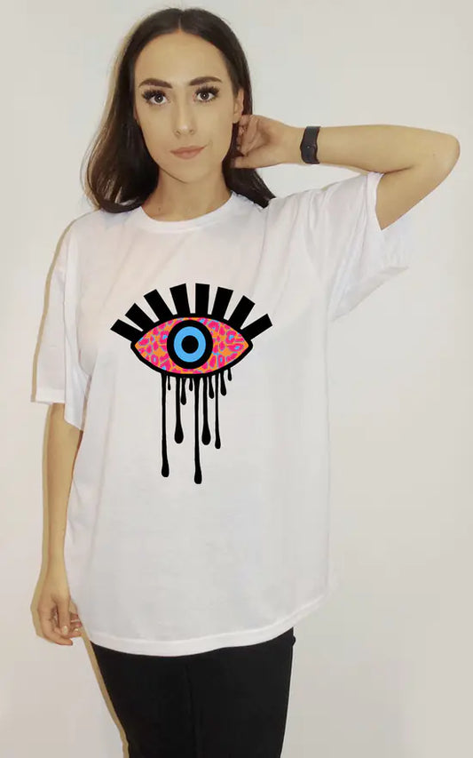 White Oversize T Shirt With All Seeing Eye Leopard Drip Print