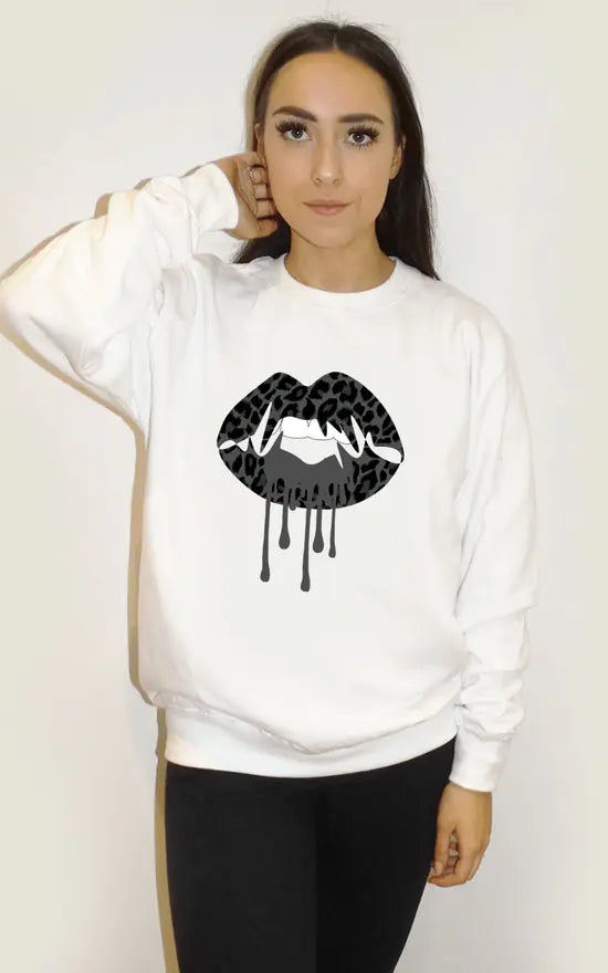 White Sweatshirt With Black Leopard Lip Melt Graphic