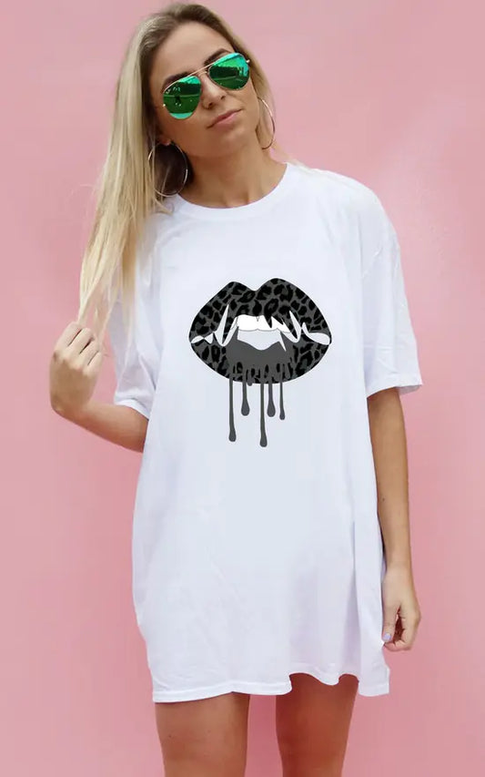 White Oversize T Shirt With Black Leopard Lip Melt Graphic