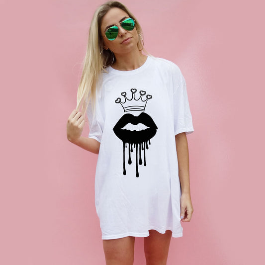 Black Royal Lip Drip Print Tshirt In White
