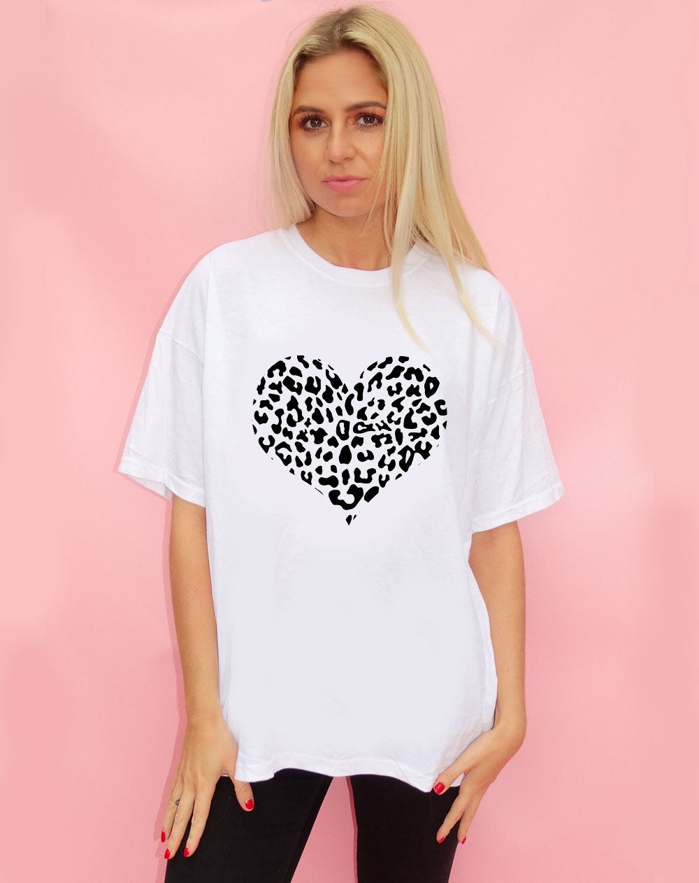 White Tshirt with Leopard Heart in Monochrome
