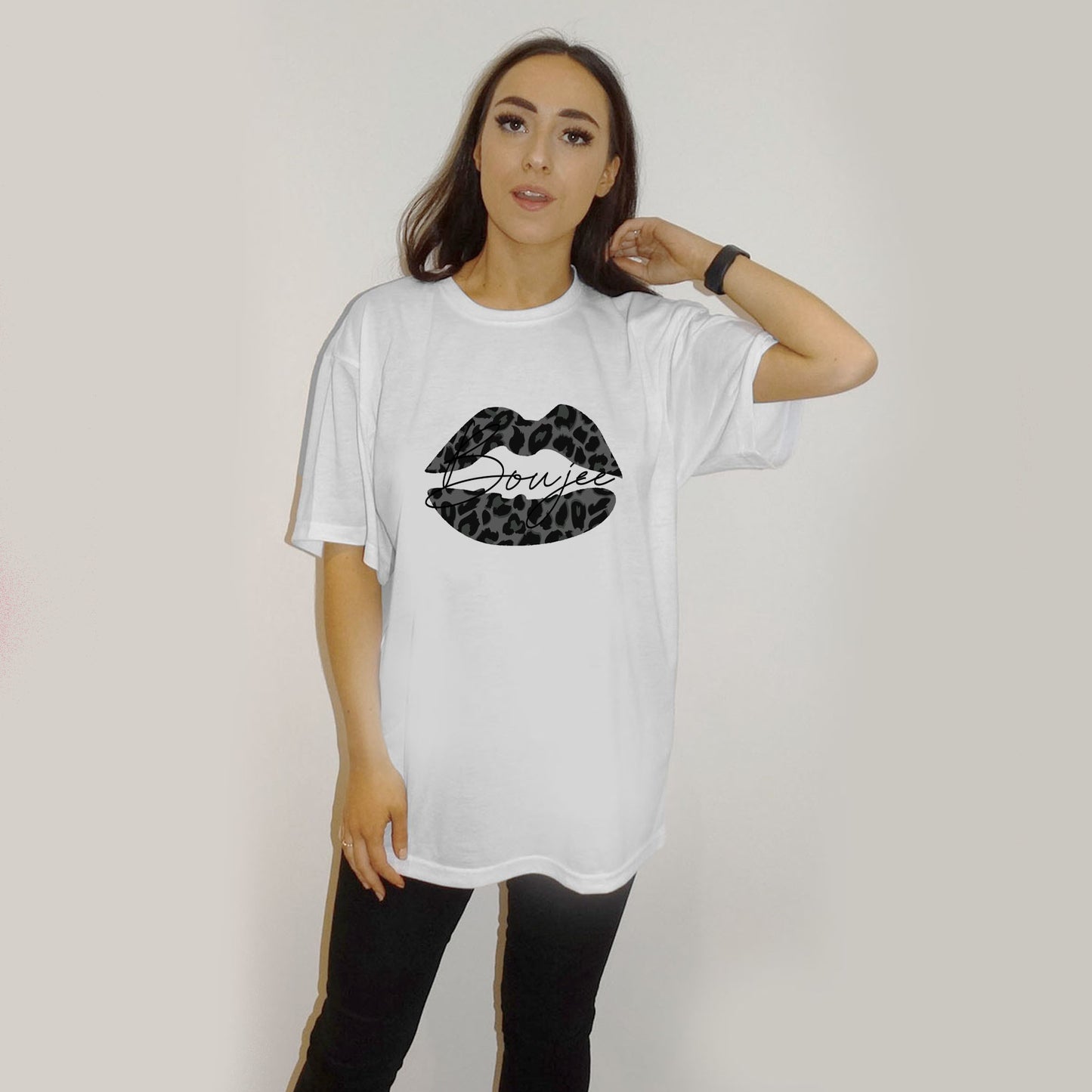 Black Leopard Boujee Lip Print Tshirt In White