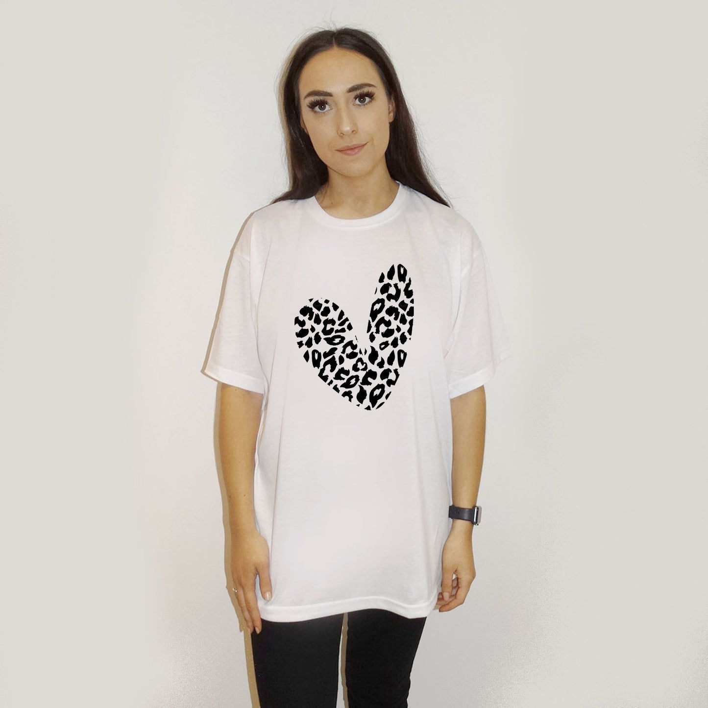 Black and White Leopard Slanted Heart Print Tshirt In White