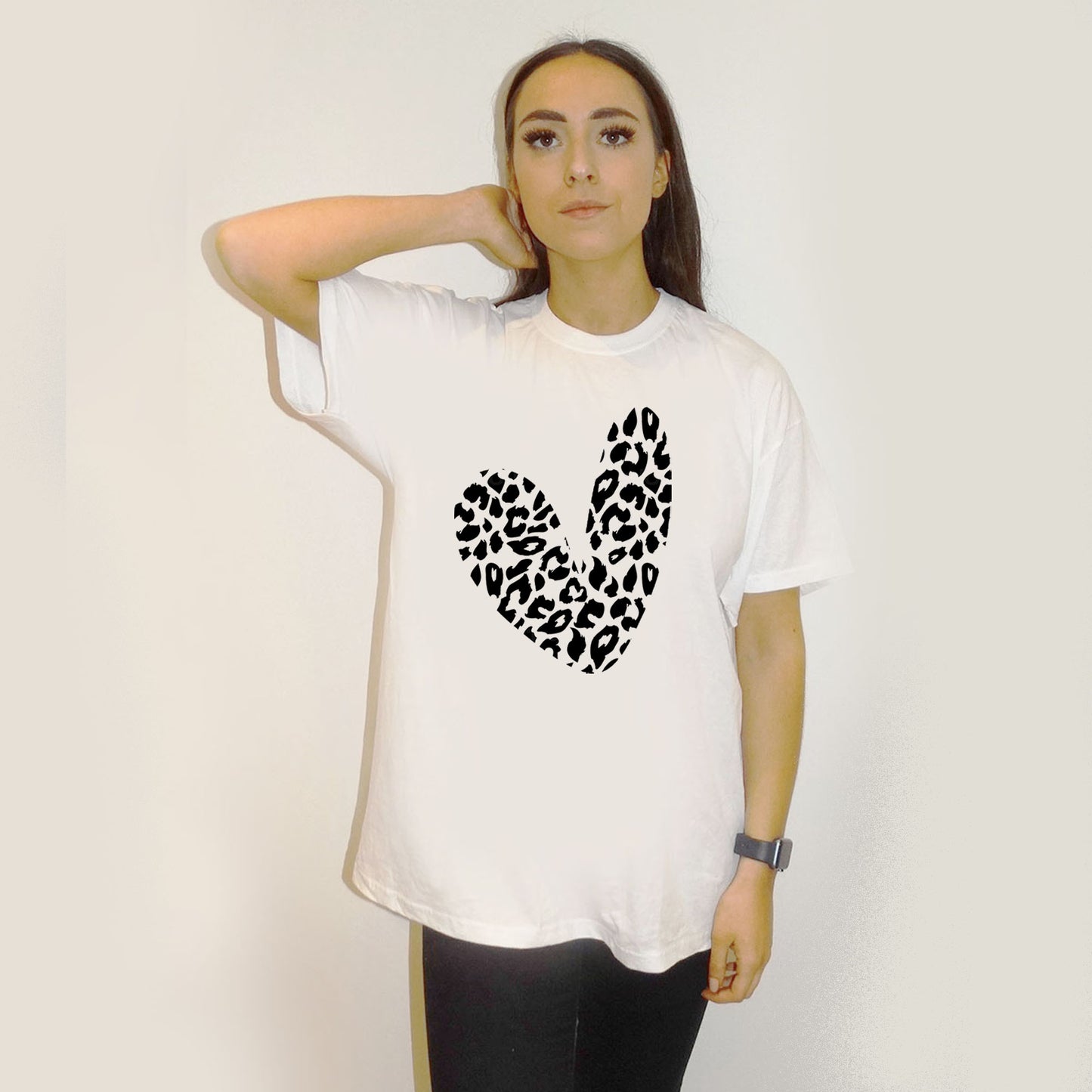 Black and White Leopard Slanted Heart Print Tshirt In White
